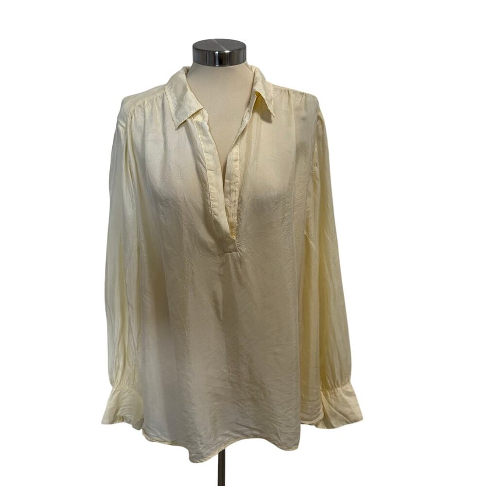 J Crew Cupro Collared V Neck Popover Blouse Pale Butter Yellow 3X Long Sleeve